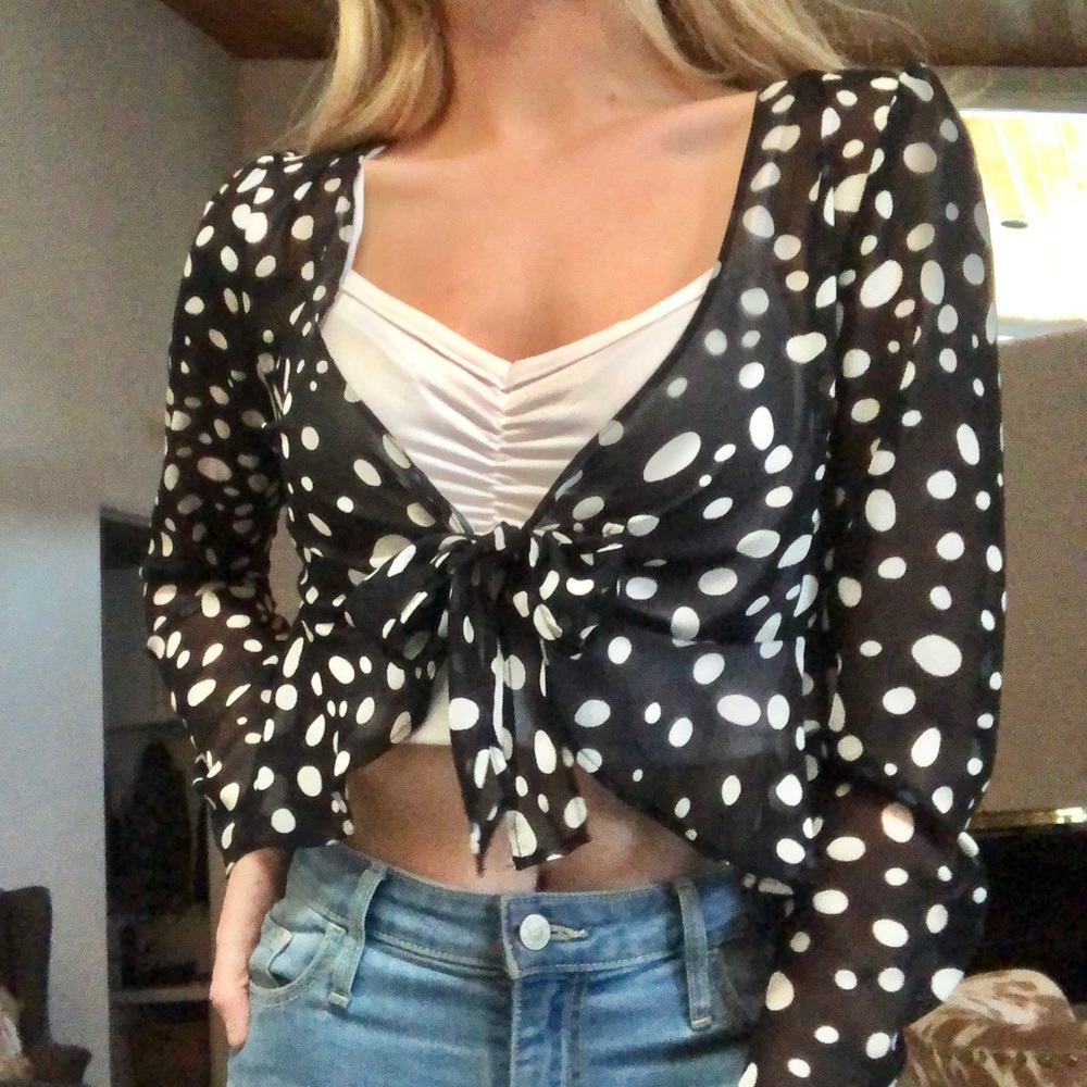 Forever 21 Black and White Polka Dot Mesh Sheer Ruffle Coverup Top Medium